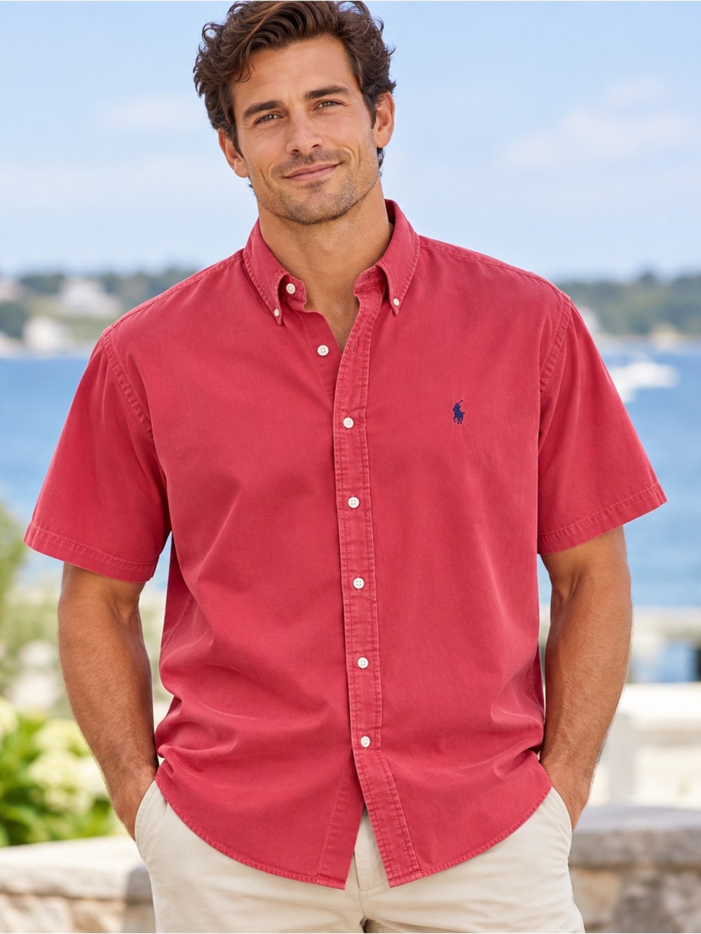 Ralph Lauren Blake Mens XL Red Short Sleeve Button Down Shirt Cotton Pony